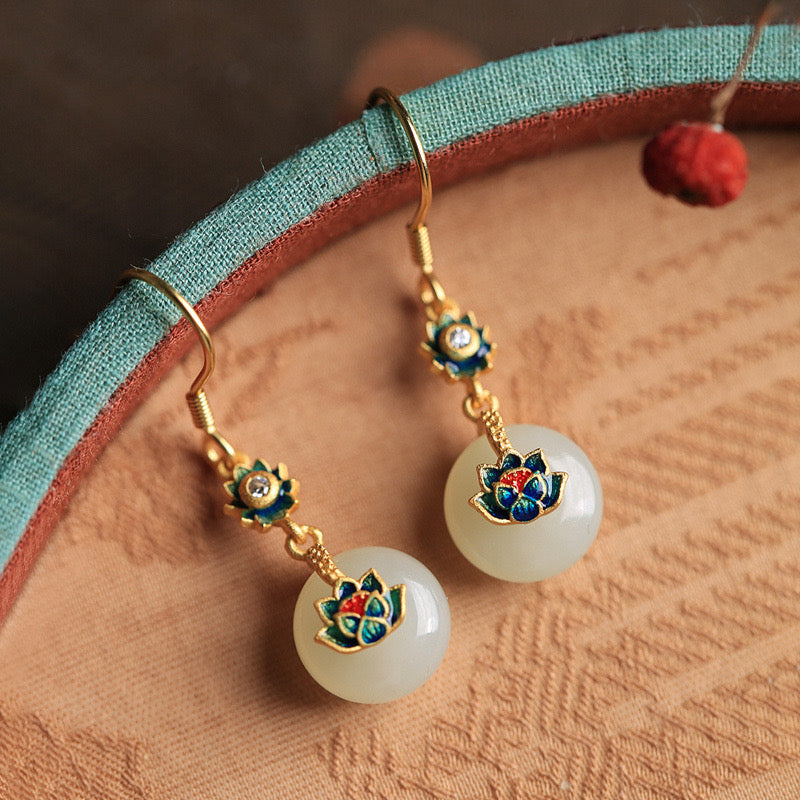 White Jade Feng Shui Lotus Auspicious Enamel Earrings