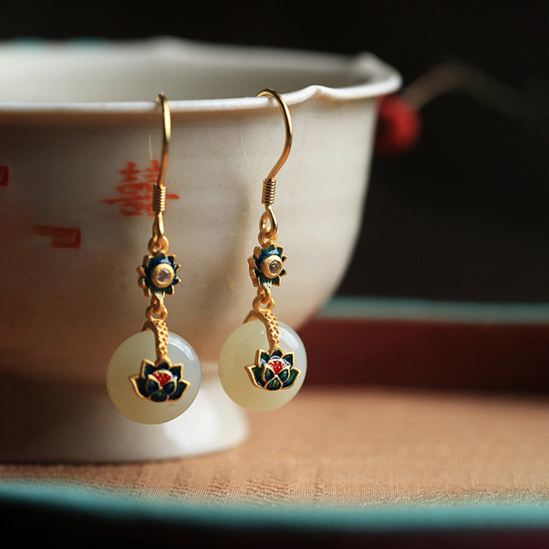 White Jade Feng Shui Lotus Auspicious Enamel Earrings