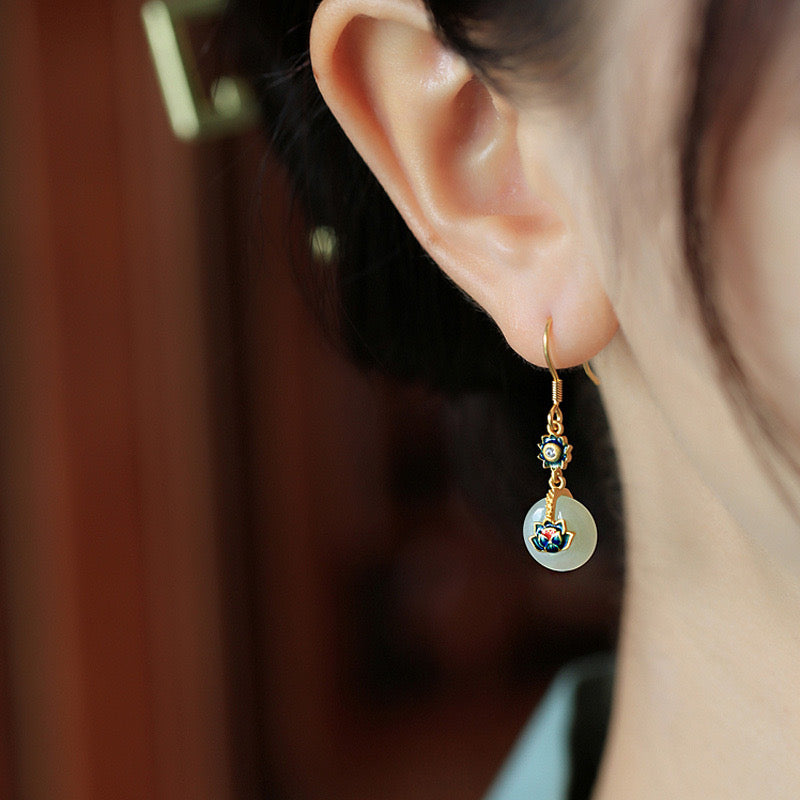 White Jade Feng Shui Lotus Auspicious Enamel Earrings