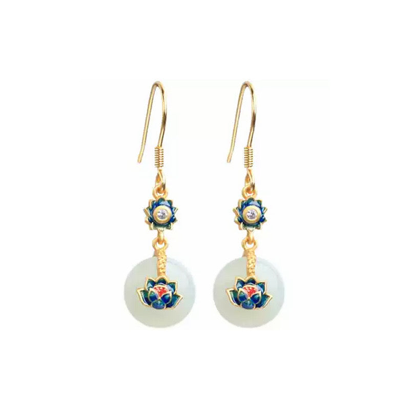 White Jade Feng Shui Lotus Auspicious Enamel Earrings
