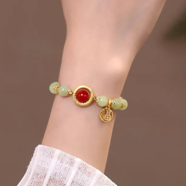 Natural Green Jade Dragon Pattern Lucky Bead Bracelet