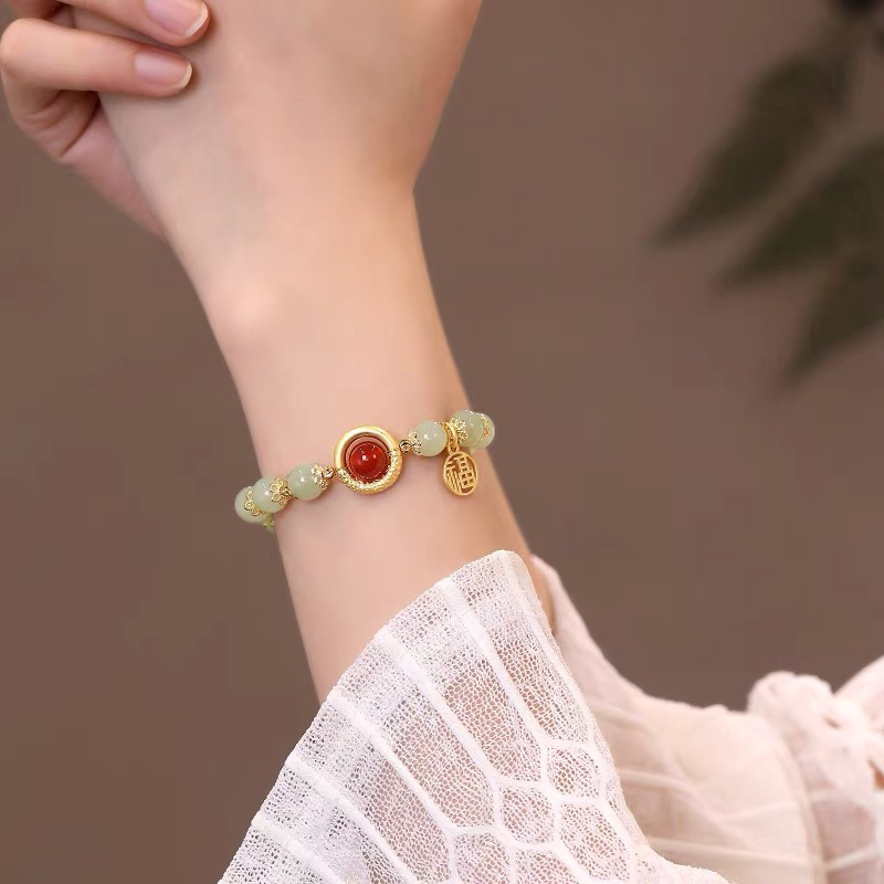 Natural Green Jade Dragon Pattern Lucky Bead Bracelet