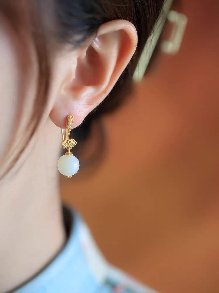 Feng Shui Lute Ancient White Jade Earrings