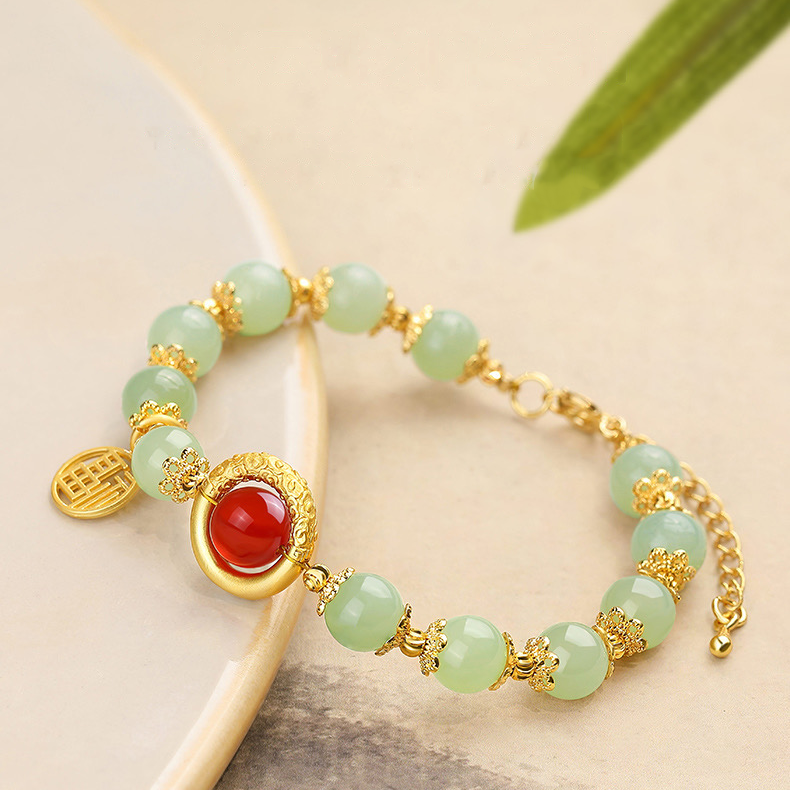 Natural Green Jade Dragon Pattern Lucky Bead Bracelet