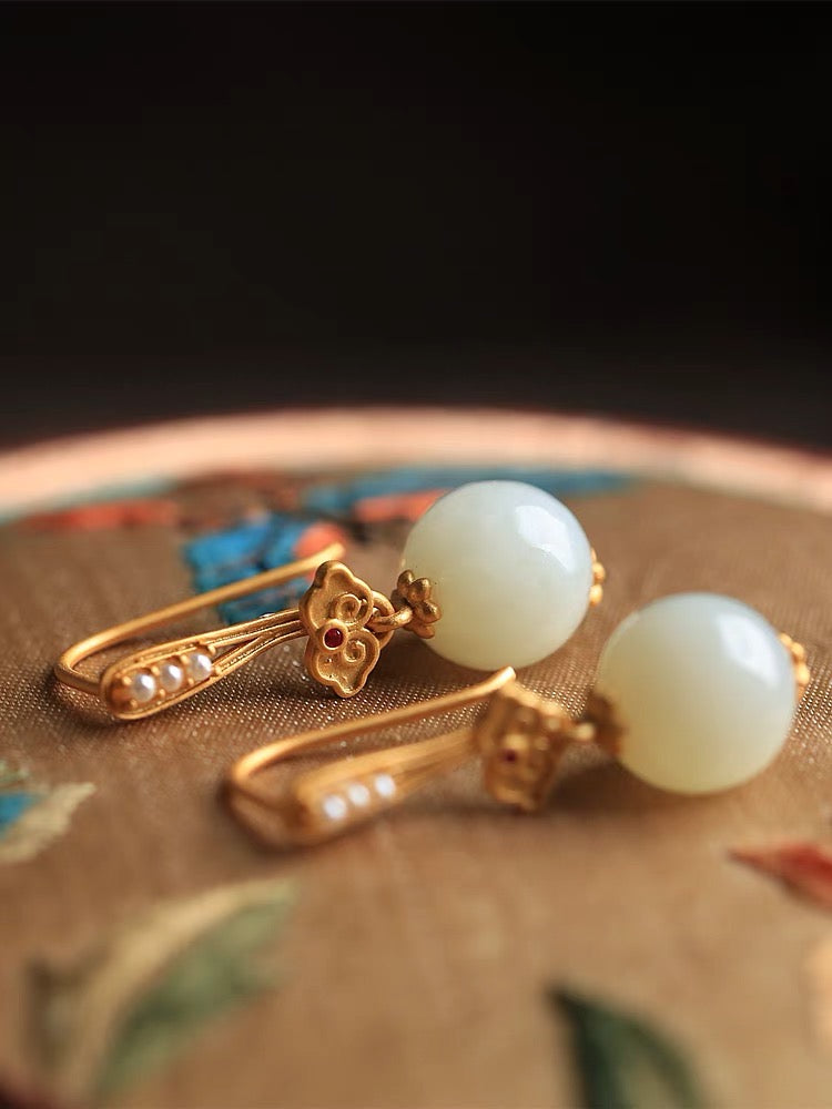 Feng Shui Lute Ancient White Jade Earrings