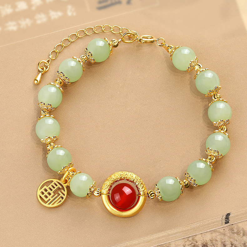 Natural Green Jade Dragon Pattern Lucky Bead Bracelet
