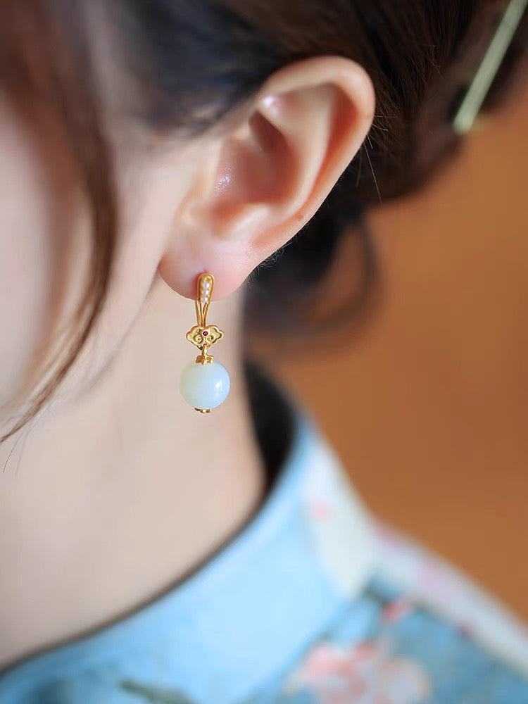 Feng Shui Lute Ancient White Jade Earrings