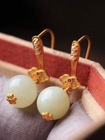 Feng Shui Lute Ancient White Jade Earrings