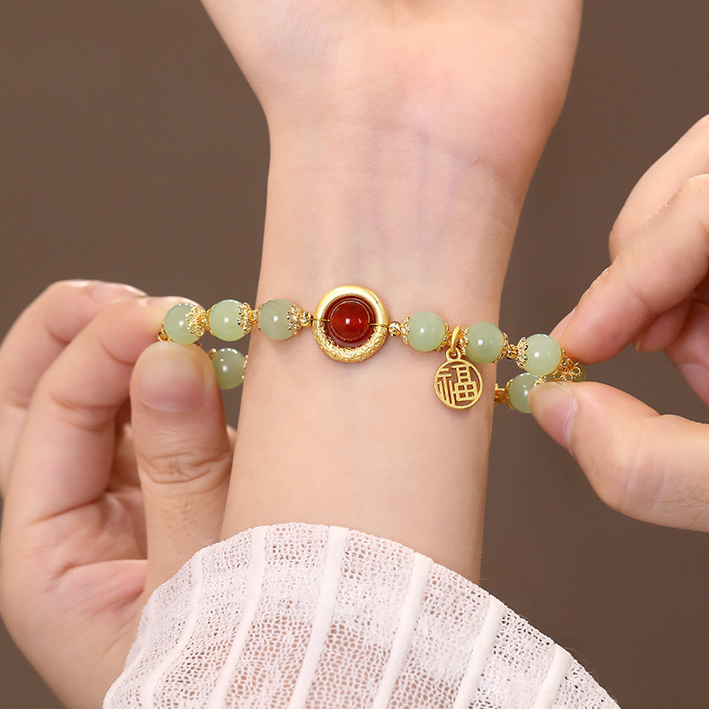 Natural Green Jade Dragon Pattern Lucky Bead Bracelet