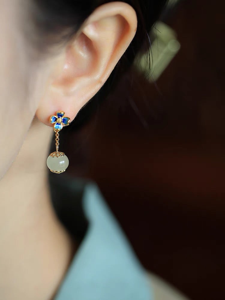 Feng Shui Clover Ancient White Jade Earrings