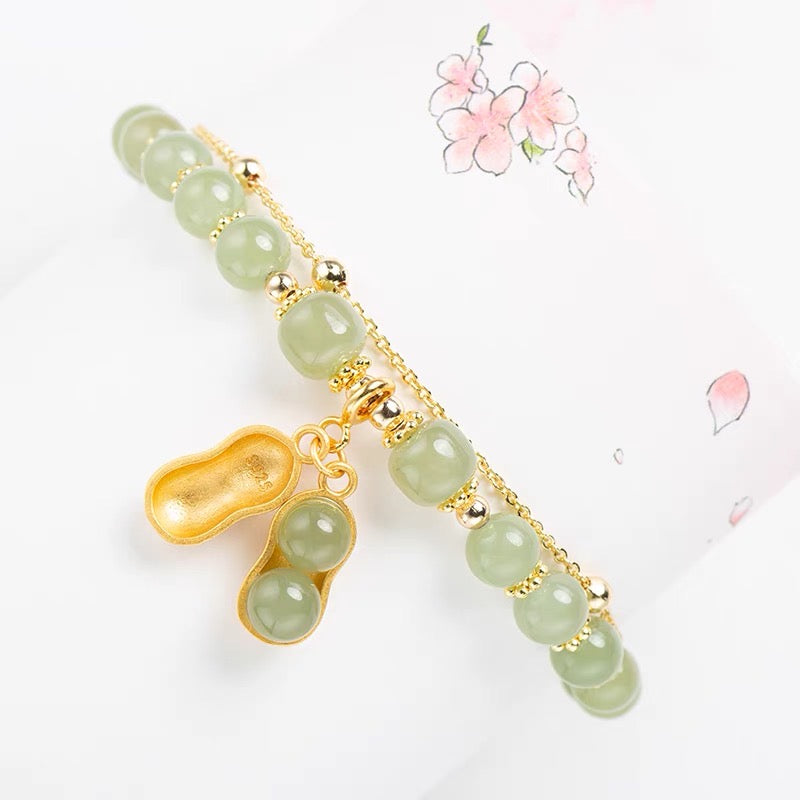 Natural Hetian Green Jade Feng Shui Lucky Peanut Bracelet