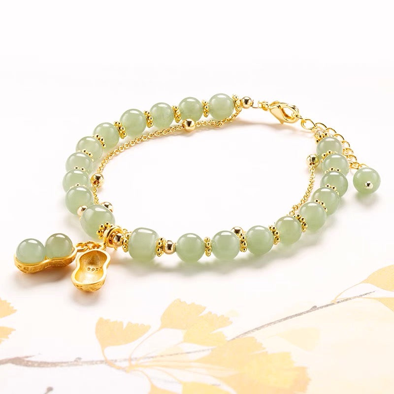 Natural Hetian Green Jade Feng Shui Lucky Peanut Bracelet