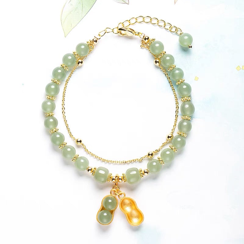 Natural Hetian Green Jade Feng Shui Lucky Peanut Bracelet