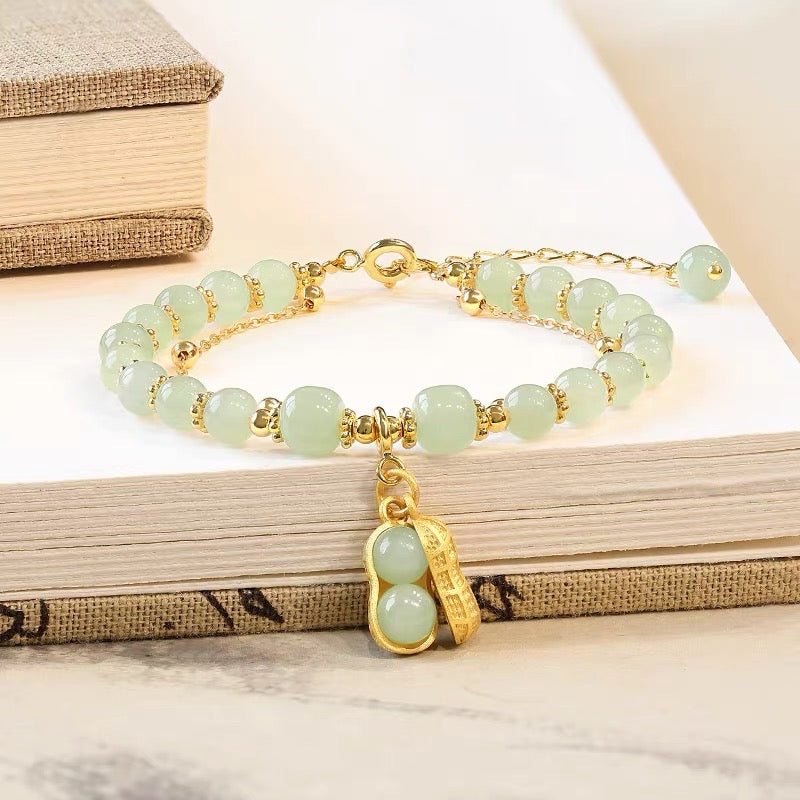 Natural Hetian Green Jade Feng Shui Lucky Peanut Bracelet