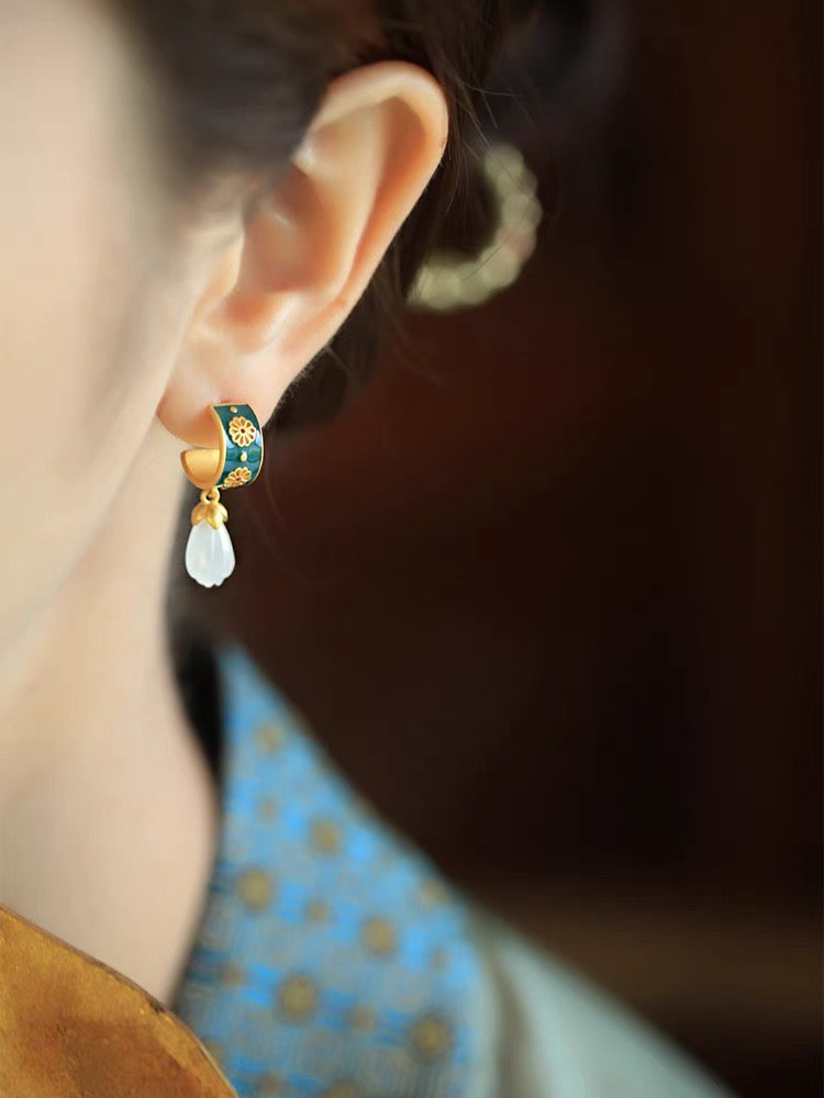 Feng Shui Magnolia Enamel White Jade Earrings