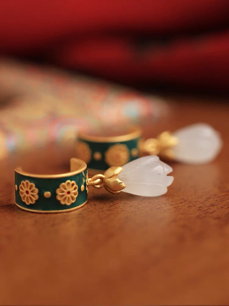 Feng Shui Magnolia Enamel White Jade Earrings