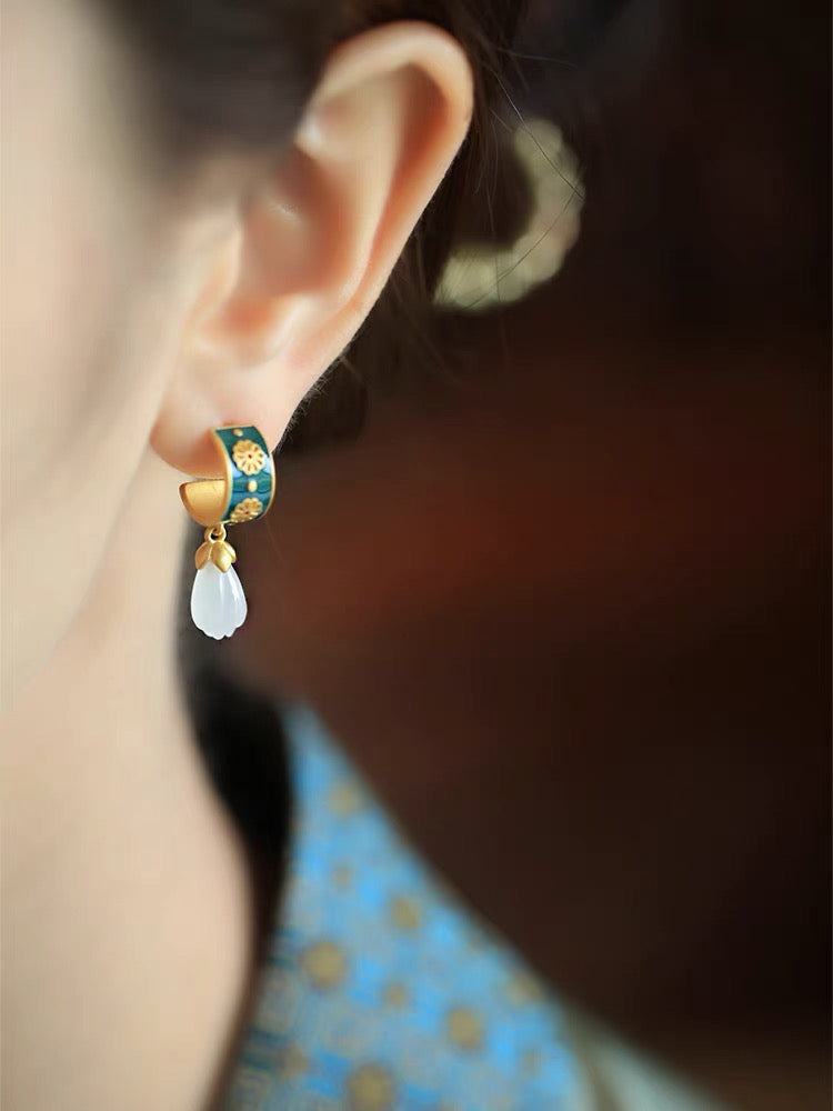 Feng Shui Magnolia Enamel White Jade Earrings