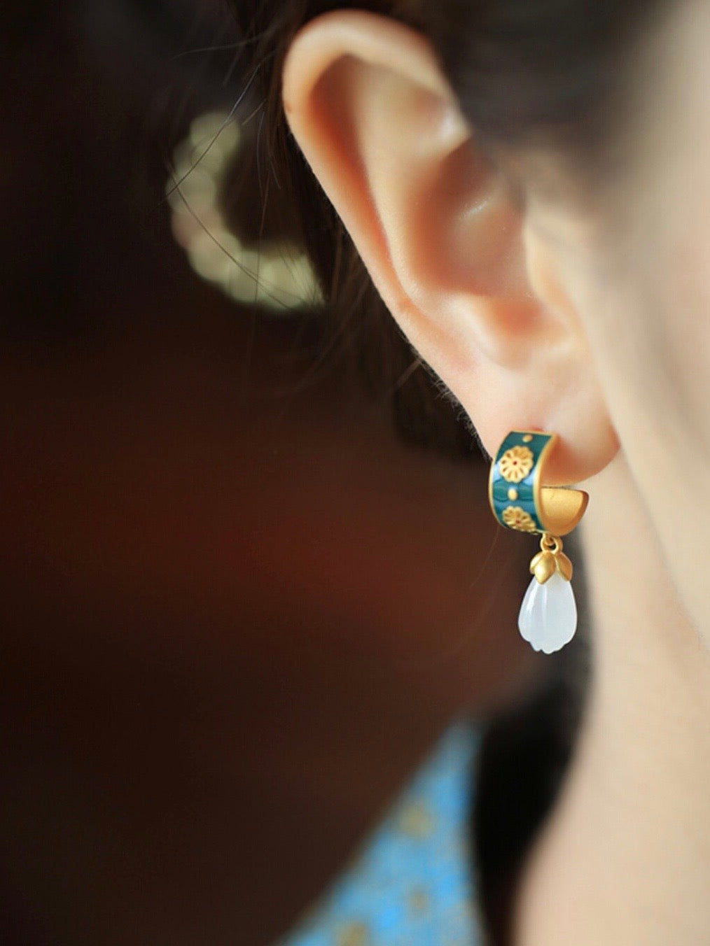 Feng Shui Magnolia Enamel White Jade Earrings