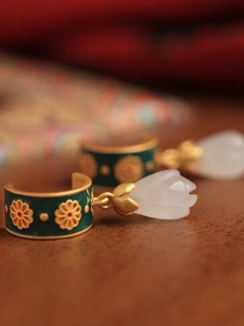 Feng Shui Magnolia Enamel White Jade Earrings