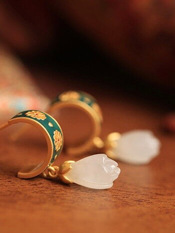 Feng Shui Magnolia Enamel White Jade Earrings