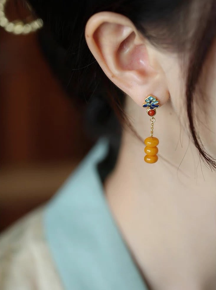Natural Amber Enamel Feng Shui Persimmon Earrings