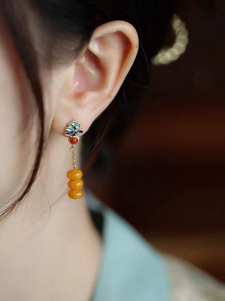 Natural Amber Enamel Feng Shui Persimmon Earrings