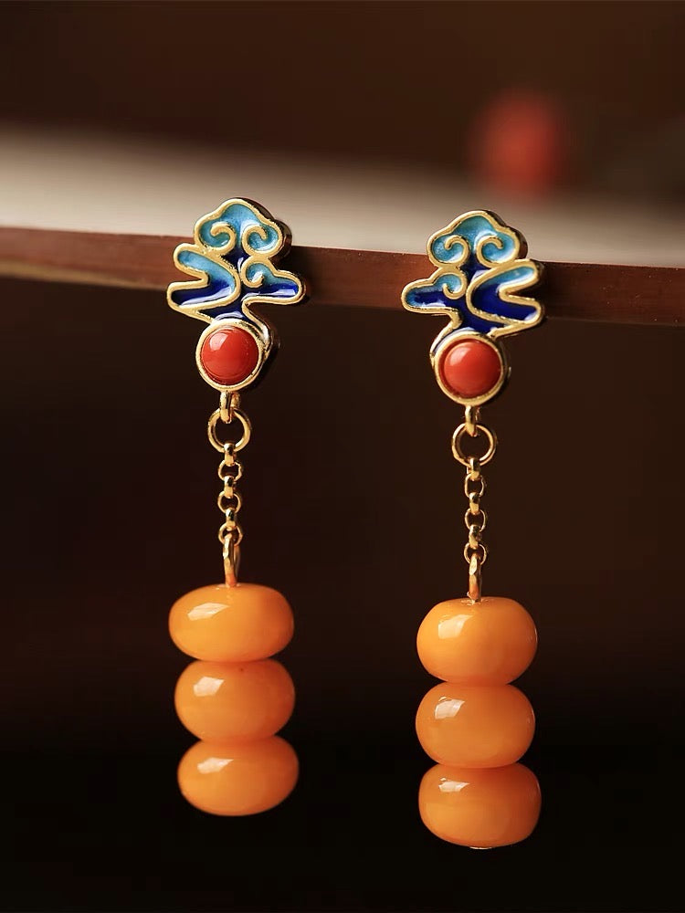 Natural Amber Enamel Feng Shui Persimmon Earrings