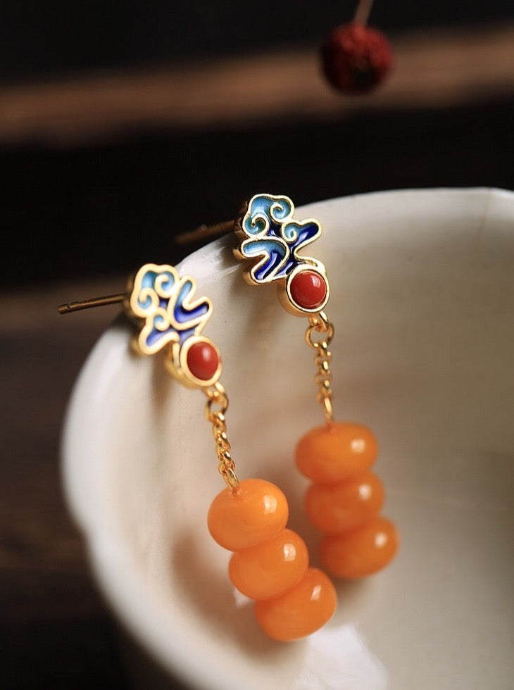 Natural Amber Enamel Feng Shui Persimmon Earrings
