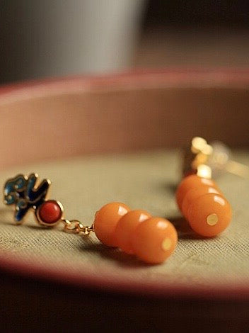 Natural Amber Enamel Feng Shui Persimmon Earrings