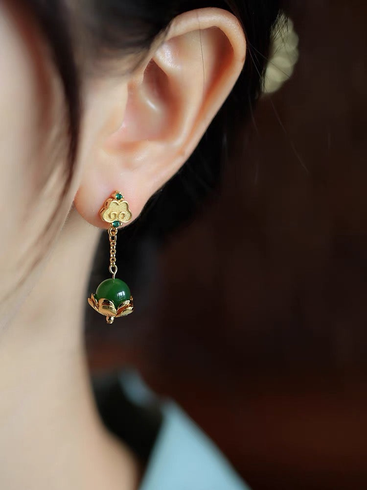 Feng Shui Lotus Clouds Green Jade Earrings