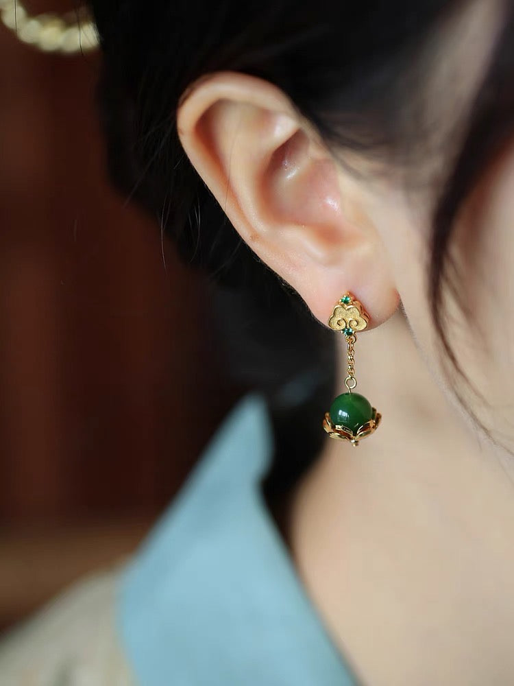 Feng Shui Lotus Clouds Green Jade Earrings