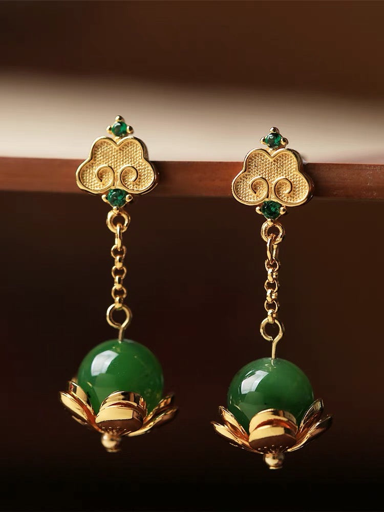 Feng Shui Lotus Clouds Green Jade Earrings