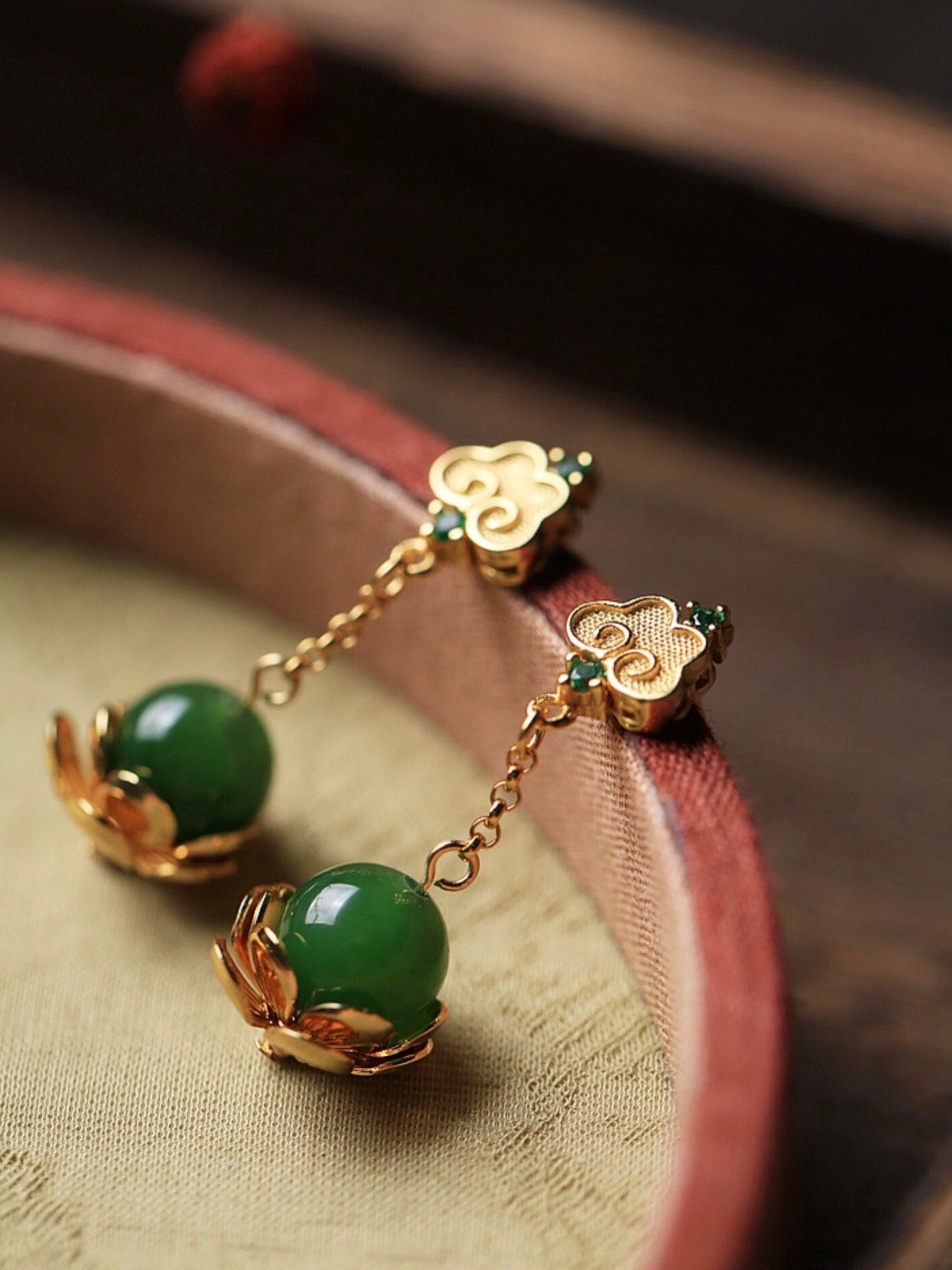 Feng Shui Lotus Clouds Green Jade Earrings