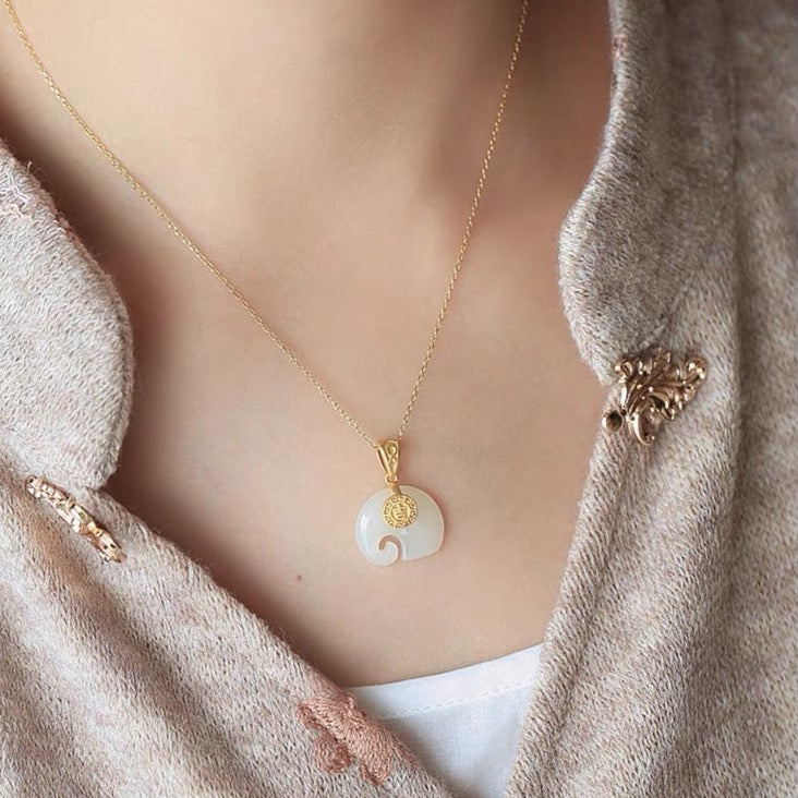 Feng Shui Elephant White Jade Pendant Necklace