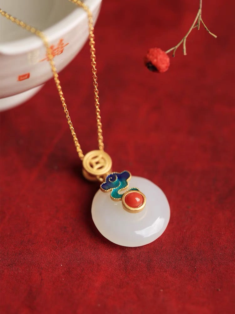 Feng Shui White Jade Auspicious Enamel Pendant Necklace