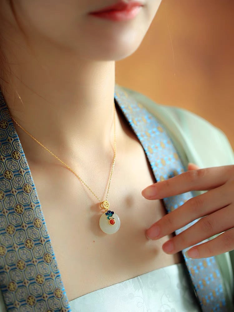 Feng Shui White Jade Auspicious Enamel Pendant Necklace