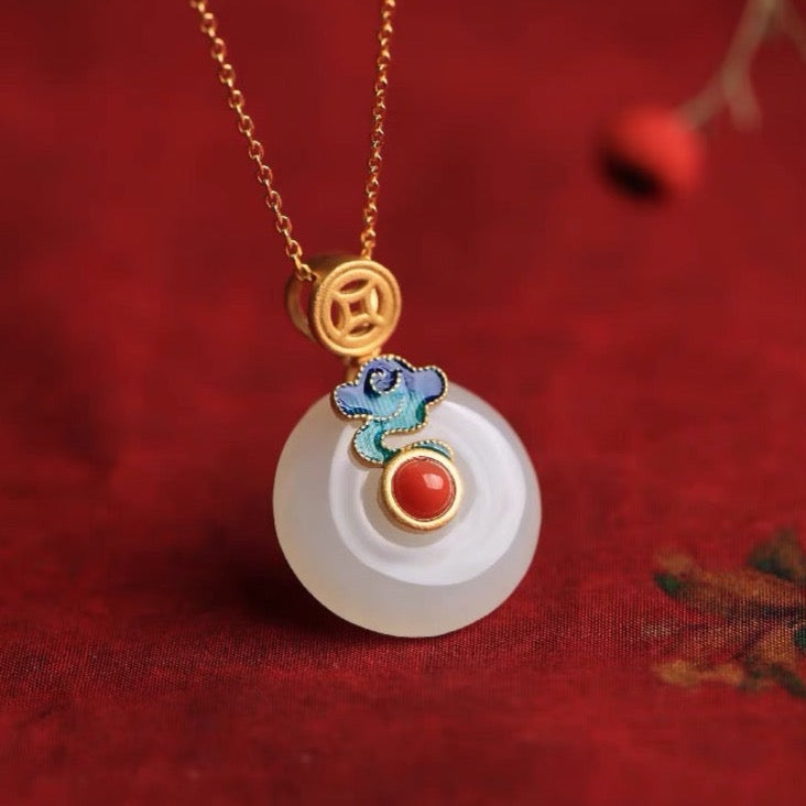 Feng Shui White Jade Auspicious Enamel Pendant Necklace