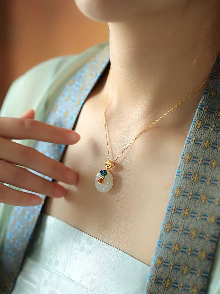 Feng Shui White Jade Auspicious Enamel Pendant Necklace