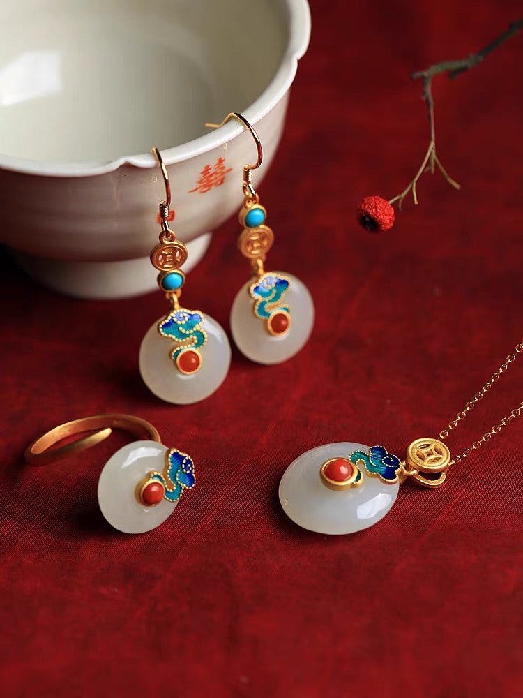 Feng Shui White Jade Auspicious Enamel Pendant Necklace