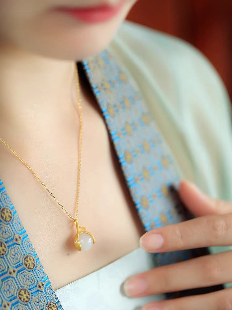 Feng Shui Litchi White Jade Pendant