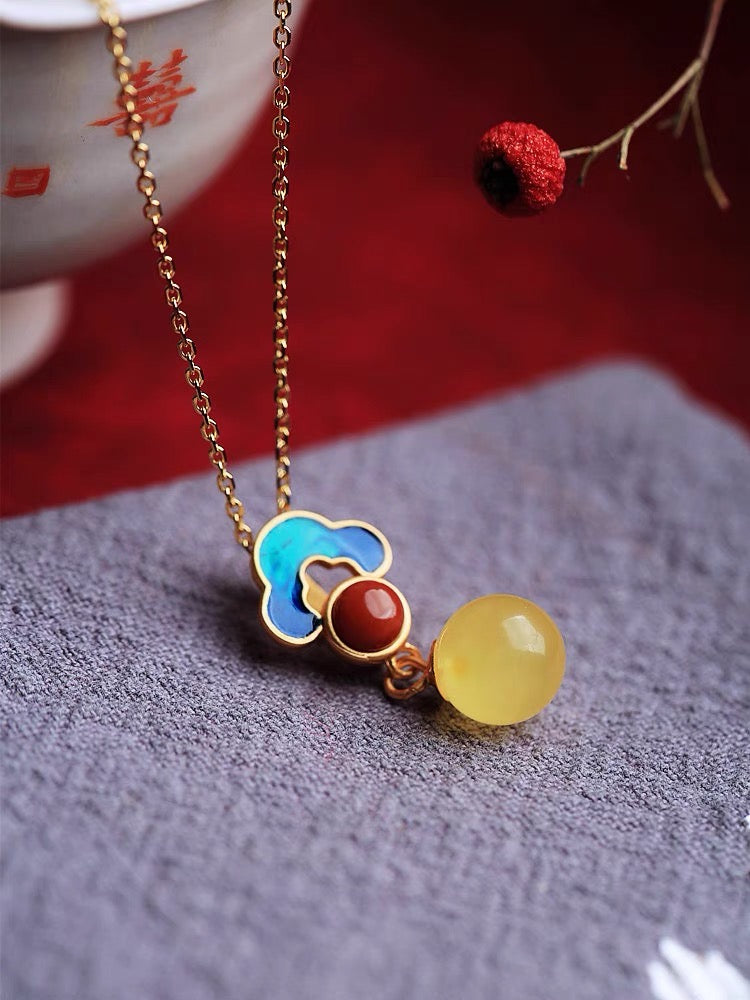 Feng Shui Enamel Amber Stud Pendant Necklace