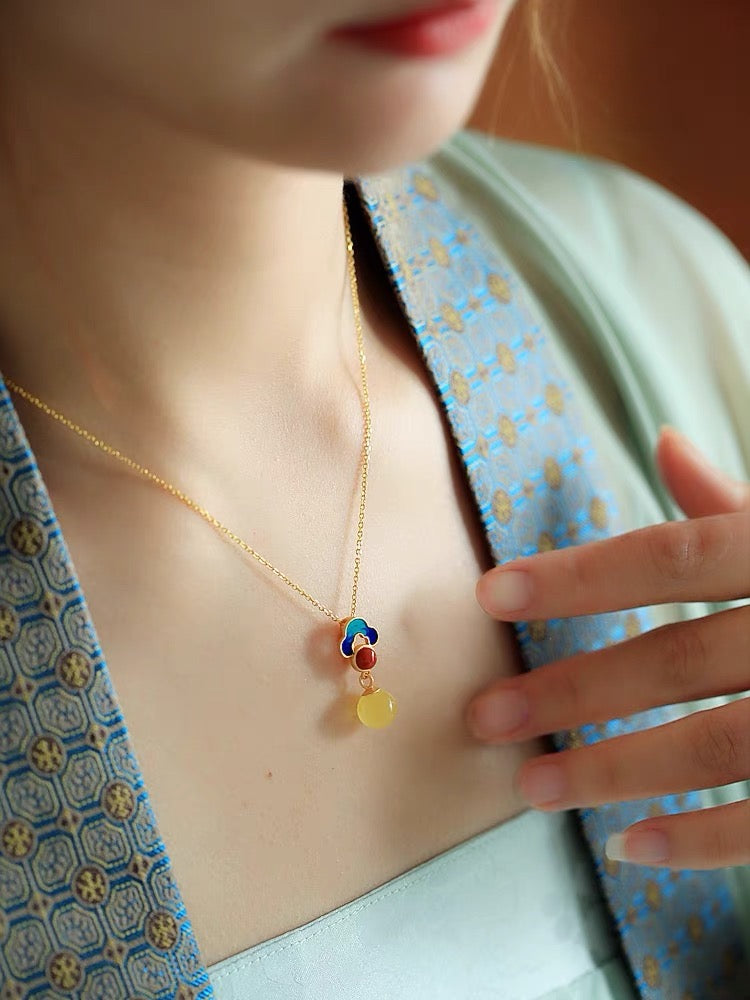 Feng Shui Enamel Amber Stud Pendant Necklace