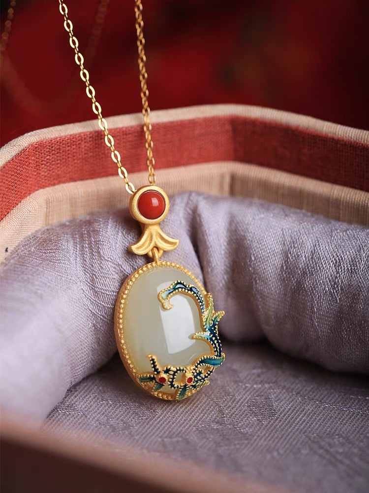 Feng Shui Enamel Flower Hetian Jade Pendant Necklace