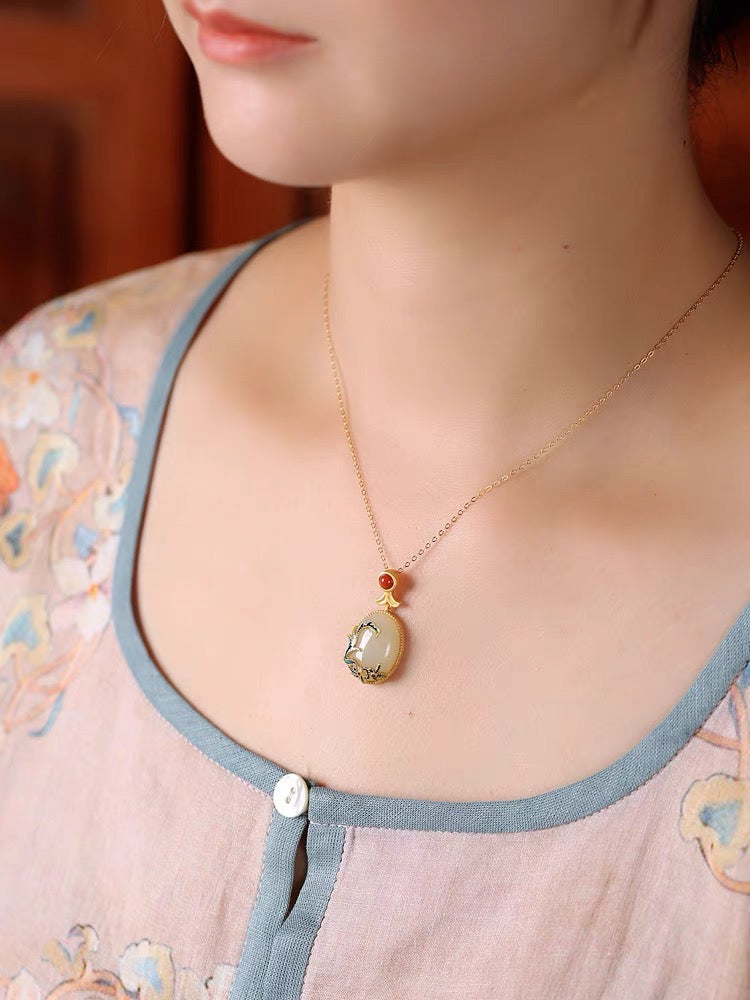 Feng Shui Enamel Flower Hetian Jade Pendant Necklace