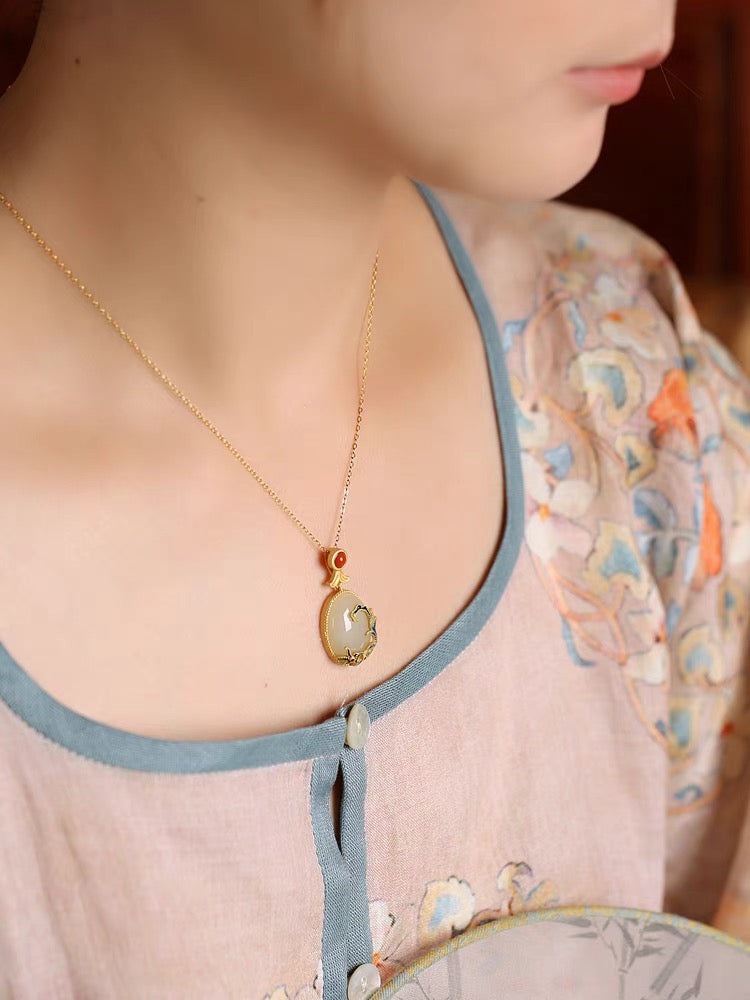 Feng Shui Enamel Flower Hetian Jade Pendant Necklace