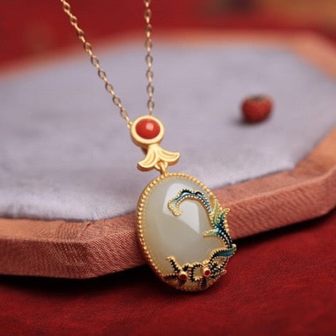 Feng Shui Enamel Flower Hetian Jade Pendant Necklace