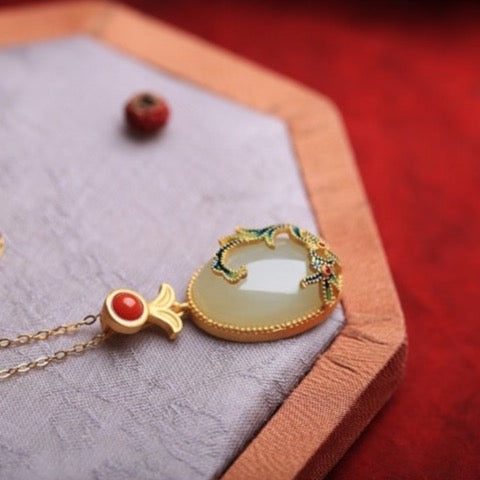 Feng Shui Enamel Flower Hetian Jade Pendant Necklace