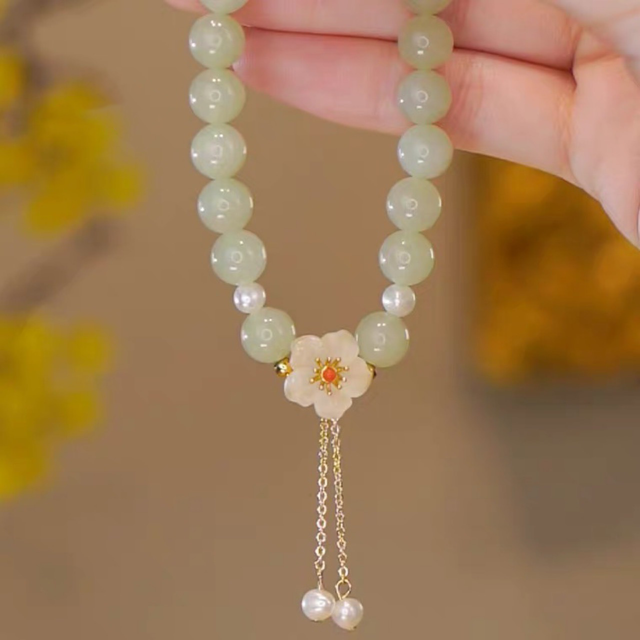 Natural Hetian Jade Feng Shui Peach Blossom Bracelet