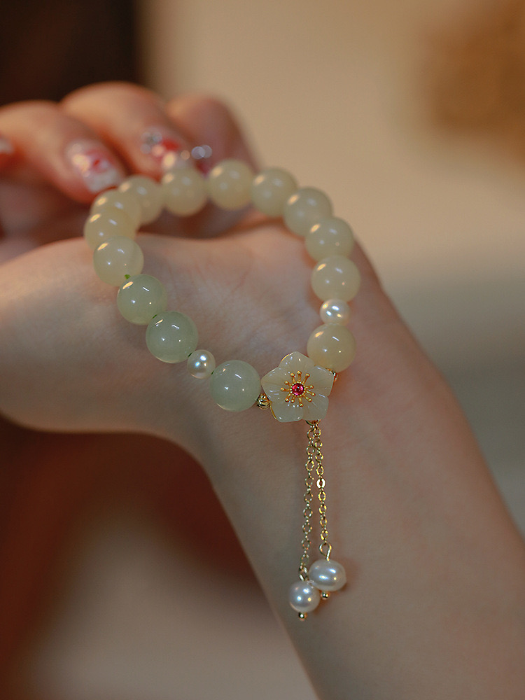 Natural Hetian Jade Feng Shui Peach Blossom Bracelet