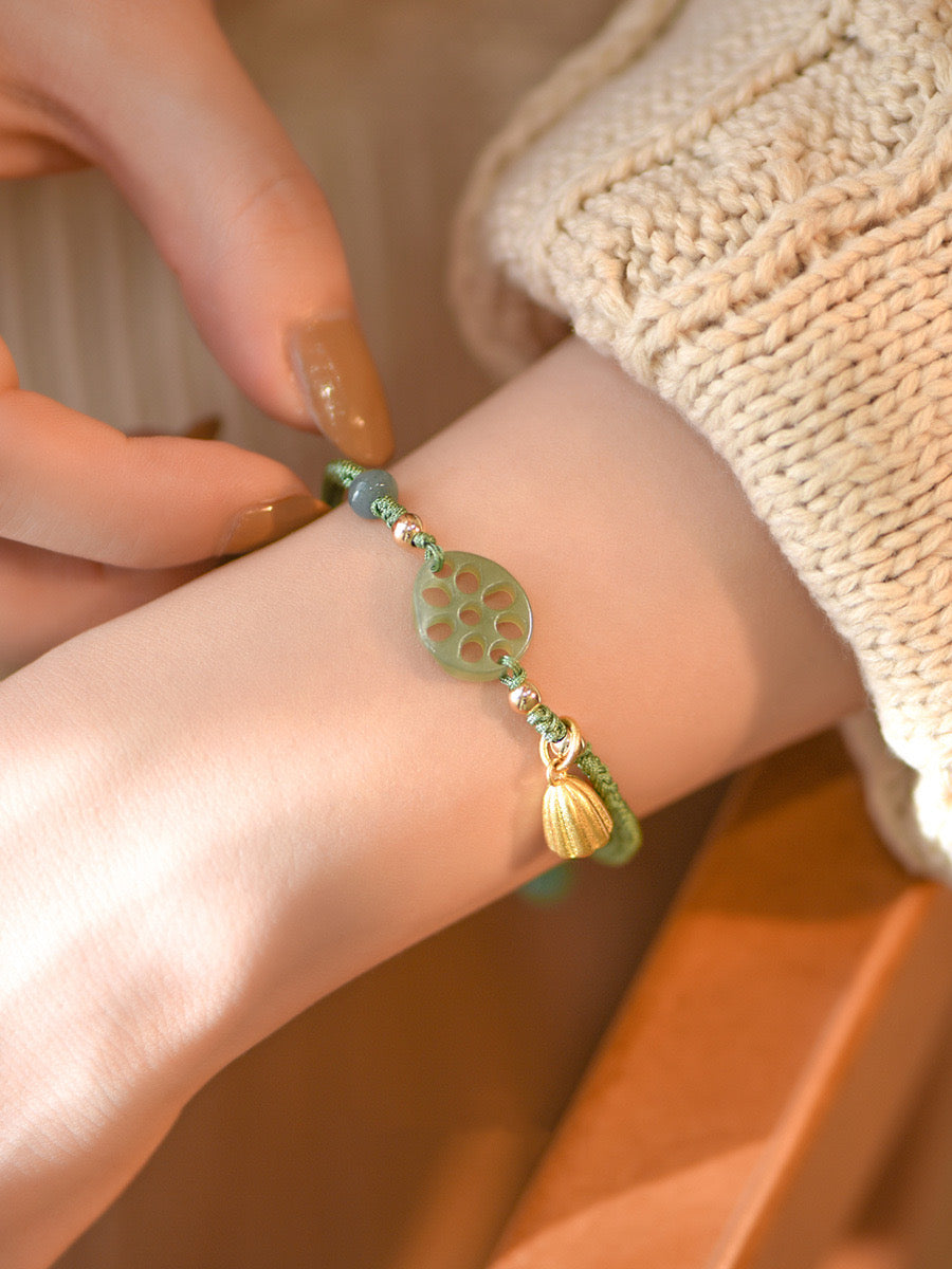 Natural Green Jade Feng Shui Lotus Rope Bracelet